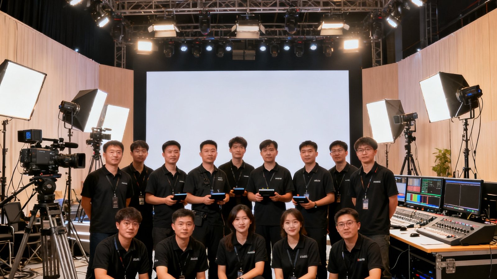 WM视讯厅技术团队在大型电商直播活动现场的工作合影，团队成员身穿统一黑色工装，背景是搭建完成的专业直播间场景，多台摄像机、灯光设备和导播台整齐排列，展现团队的专业协作精神。