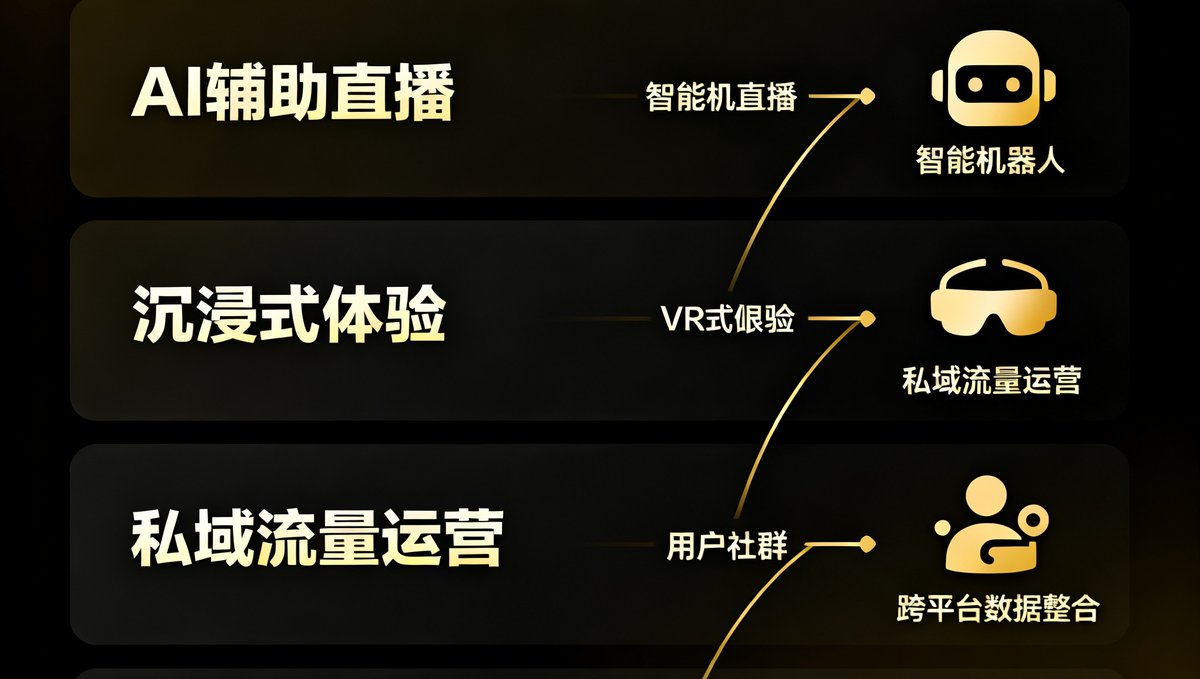 一张信息图表，展示了2025年直播行业从流量驱动转向场景深耕的四大趋势，包括AI辅助直播、沉浸式体验、私域流量运营和跨平台数据整合，图表配色采用深色背景搭配金色数据线条。