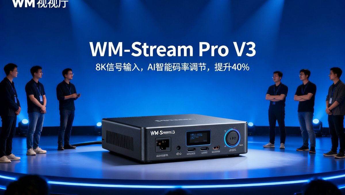 WM视讯厅技术团队在发布会现场展示新一代WM-Stream Pro V3推流编码器，设备体积更小但性能提升了40%，支持8K信号输入和AI智能码率调节，背景是产品发布会的深蓝色灯光舞台。