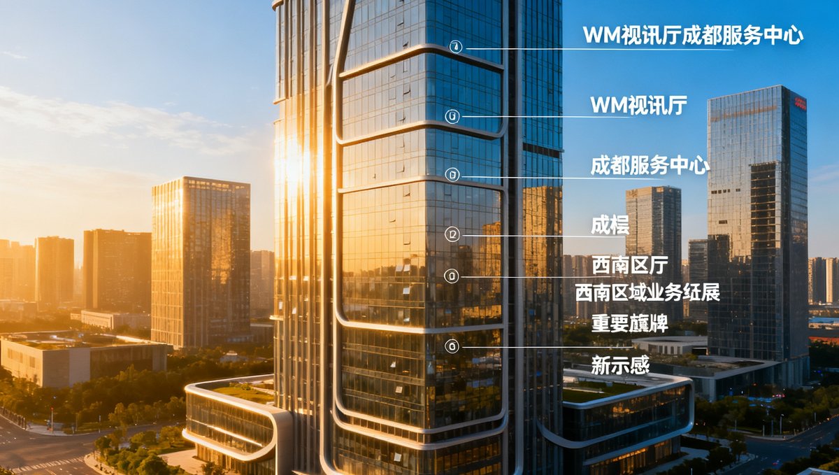 成都高新区写字楼外观效果图，标注了WM视讯厅成都服务中心的楼层位置，建筑周围是现代化的城市景观，预示着WM视讯厅西南区域业务拓展的重要里程碑。