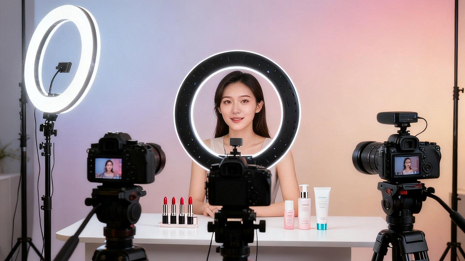 一间精心搭建的美妆品牌电商直播间，环幕背景墙呈现柔和的渐变色调，三台专业摄像机分布在主播前方和侧面，LED环形补光灯确保主播面部光线均匀，产品展示台上摆放着即将上架的口红和护肤品，整体环境明亮而富有质感。