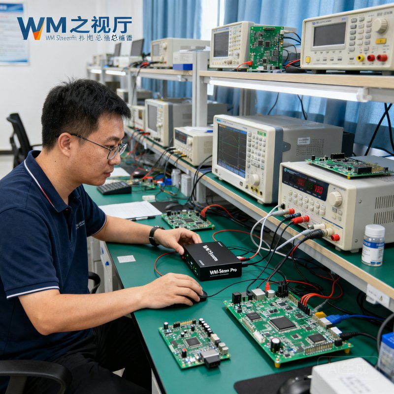 WM视讯厅技术总监张磊在设备测试实验室的工作照片，他正在调试一台自研的WM-Stream Pro推流编码器，桌面上摆满了各种测试仪器和电路板，展现了深厚的技术功底。